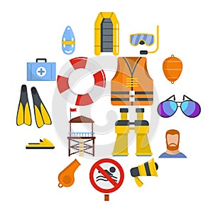 Lifeguard save icons set, flat style