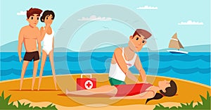Lifeguard saving drowning flat vector illustration