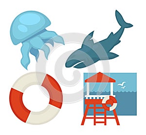 Lifeguard or sea guard vector icons shark, rescuer tower, lifebuoy and jellyfish