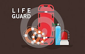 Lifeguard siren strecher oxygen cyclinder and lifebuoy vector design