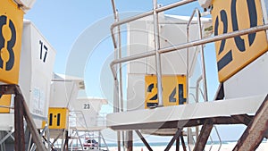 Lifeguard stand or life guard tower for surfing, California ocean beach, USA.