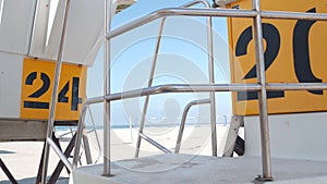 Lifeguard stand or life guard tower for surfing, California ocean beach, USA.