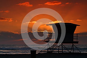 Lifeguard stand at Solana Beach, California at Sunset