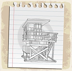 Lifeguard station on paper note, vector illustration
