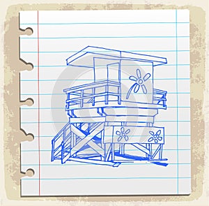 Lifeguard station on paper note, vector illustration