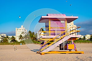 lifeguard at sunny miami beach. lifeguard at miami beach in summer. lifeguard at miami beach