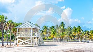 Lifeguard tower on the beach of Crandon Park in a sunny day. Key Biscayne. Miami
