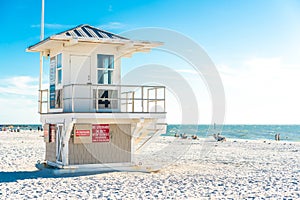 Lifeguard tower on Clearwater beach with beautiful white sand in Florida USA