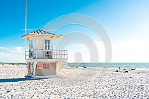Lifeguard tower on Clearwater beach with beautiful white sand in Florida USA