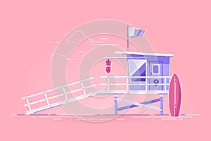 Lifeguard tower with flag on the beach. Modern vector illustration