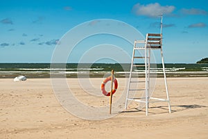 Lifeguard tower and lifering on beautiful sandy beach Yyteri at summer, in Pori, Finland