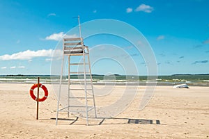 Lifeguard tower and lifering on beautiful sandy beach Yyteri at summer, in Pori, Finland