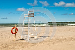 Lifeguard tower and lifering on beautiful sandy beach Yyteri at summer, in Pori, Finland