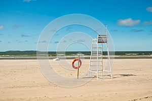 Lifeguard tower and lifering on beautiful sandy beach Yyteri at summer, in Pori, Finland