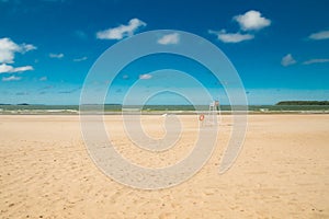 Lifeguard tower and lifering on beautiful sandy beach Yyteri at summer, in Pori, Finland