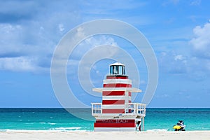 Lifeguard Tower Miami Beach, Florida. Atlantic Ocean background.