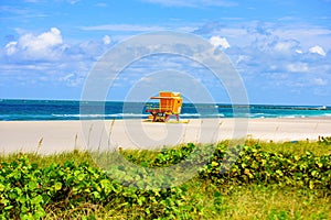 Lifeguard Tower Miami Beach, Florida. Sandy Tropical Scene.