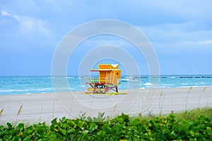 Lifeguard Tower Miami Beach, Florida. South Beach. Travel holiday ocean location concept.