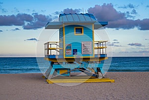 Lifeguard tower on Miami beach. Hut on beach. Miami South Beach. Sunny day on beach.