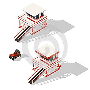 Lifeguard tower and quad bike isometric icons set