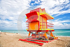 Lifeguard tower for rescue baywatch on beach in Miami, USA