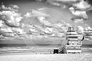 Lifeguard tower for rescue baywatch on beach in Miami, USA