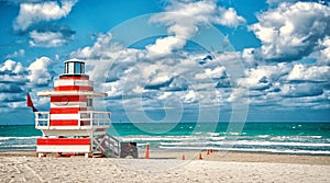 Lifeguard tower for rescue baywatch on beach in Miami, USA