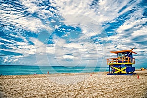 Lifeguard tower for rescue baywatch on beach in Miami, USA