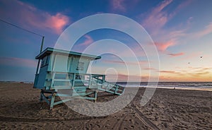 lifeguard tower in Santa Monica at sunset