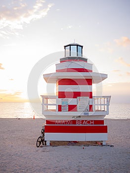 A Lifeguard Tower Seagull on South beach during sunset, Miami beach, Florida