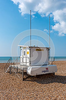 Lifeguard tower on a stoney beach