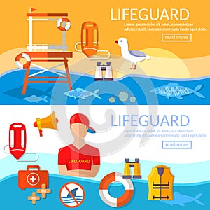 Lifeguards banners work of a professional lifeguard on the beach