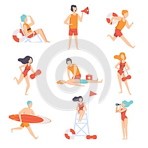 Lifeguards on duty set, male and female professional rescuer character working on the beach vector Illustration on a