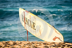 Lifeguardâ€™s rescue surfboard on Sunset Beach, Hawaii
