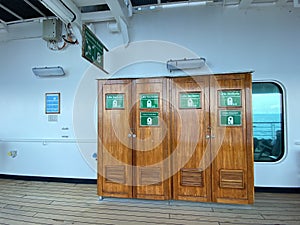 The lifejacket locker on a cruise ship where lifejackets are available in case of an emergency