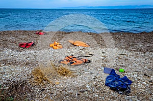 Lifejackets left by refugees on the shore of Lesvos