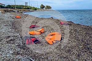 Lifejackets left by refugees on the shore of Lesvos