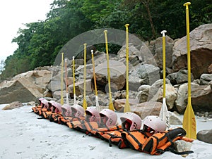 Lifejackets and oars lined up