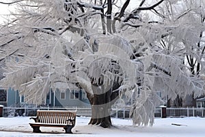 lifeless tree propped up near a park bench in winter