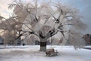 lifeless tree propped up near a park bench in winter