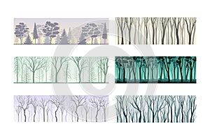 Lifeless trees silhouettes set. Early spring, late autumn or winter forest or park trees vector