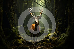 A lifelike character a deer hiding amidst an eerie forest