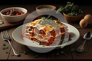 A lifelike depiction of lasagna in hyperrealistic foodgraphy