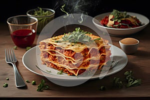 A lifelike depiction of lasagna in hyperrealistic foodgraphy photo