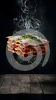 A lifelike depiction of lasagna in hyperrealistic foodgraphy photo