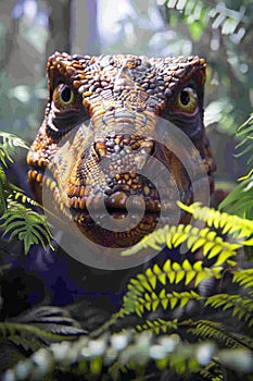 Lifelike Dinosaur Costume Head Peeking Through Lush Prehistoric Forest Foliage