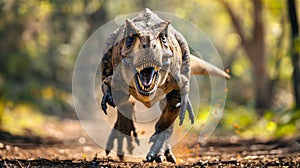 Lifelike dinosaur photographed in motion, running towards the viewer in a forest setting