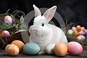 Lifelike easter seasonal rabbit for spring with white rabbit and colourful easter eggs photographic style. Generative AI