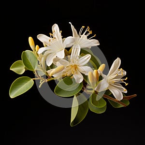 Lifelike Honeysuckle: Micro Photograph Of White Flower On Black Background