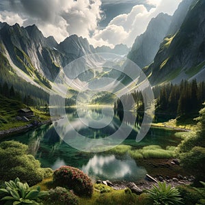 a lifelike image of a secluded lake nestled in a remote, mountainous region. Generative Ai photo